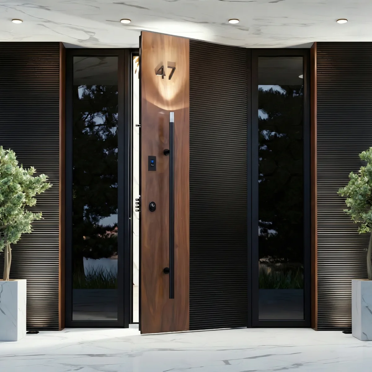 Model pintu pivot besar kayu kombinasi hitam dengan tekstur garis horizontal dan lantai marmer.