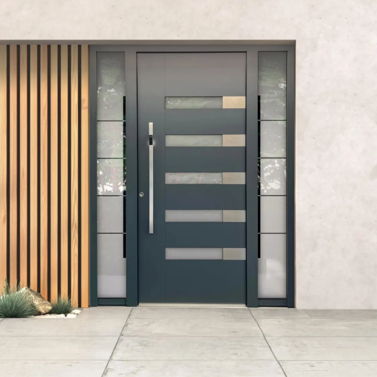 Pintu modern minimalis warna abu-abu gelap dengan kaca buram kotak-kotak horizontal.