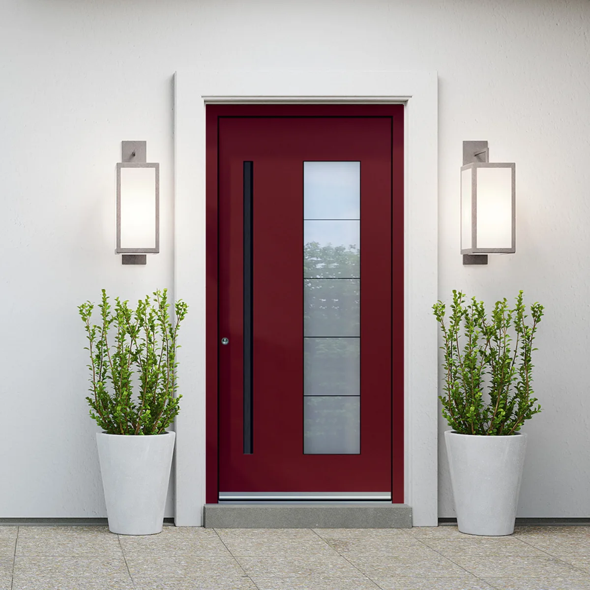 Desain pintu rumah minimalis warna merah marun dengan kaca buram vertikal dan lampu dinding modern.
