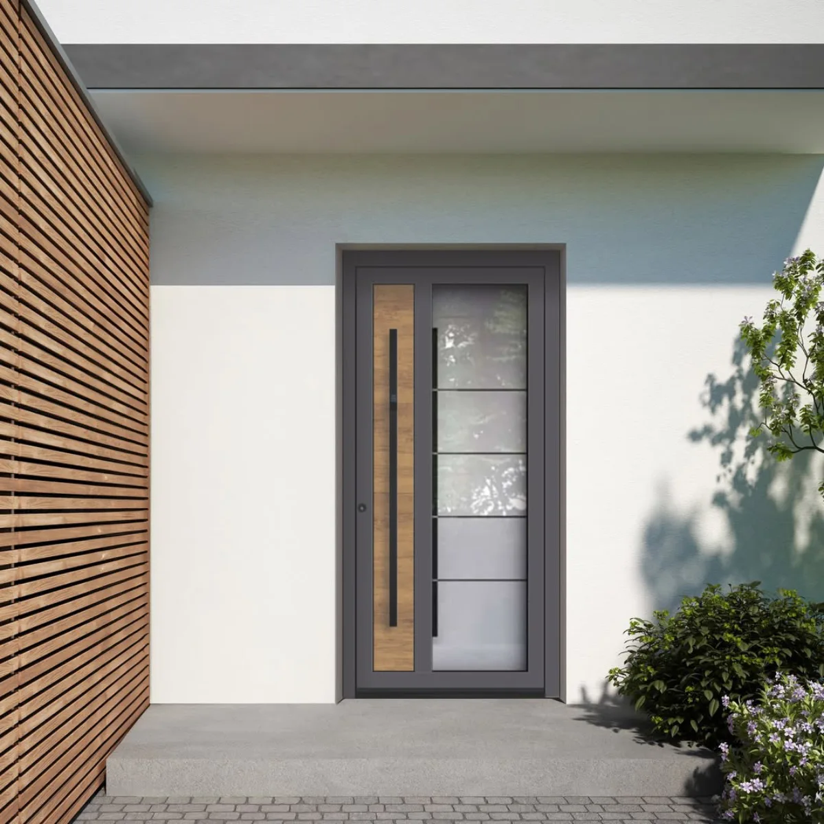 Pintu depan modern warna abu-abu gelap dengan aksen panel kayu vertikal dan handle hitam minimalis.