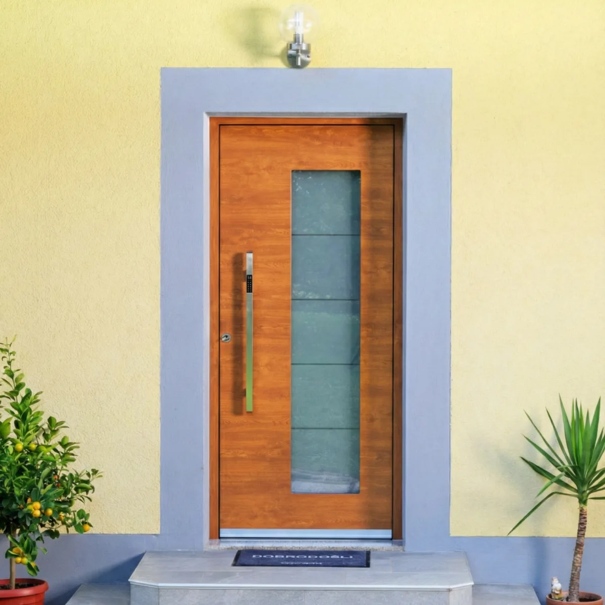 Model pintu kayu minimalis dengan kaca tengah persegi panjang, bingkai biru muda, dan dinding kuning.