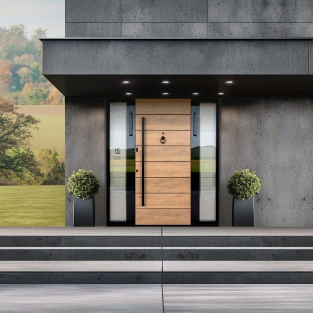 Pintu utama kayu light wood susunan horizontal dengan panel kaca hitam di kedua sisi.