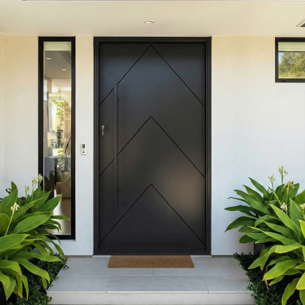 Pintu utama full hitam matte dengan motif garis chevron geometris elegan.