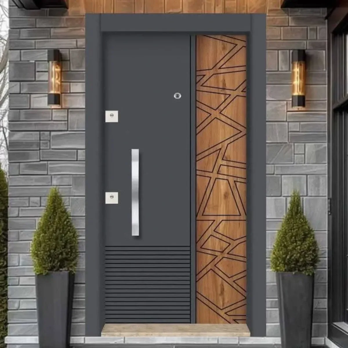 Pintu depan kombinasi panel abu-abu polos dan panel kayu motif jaring laba-laba geometris.