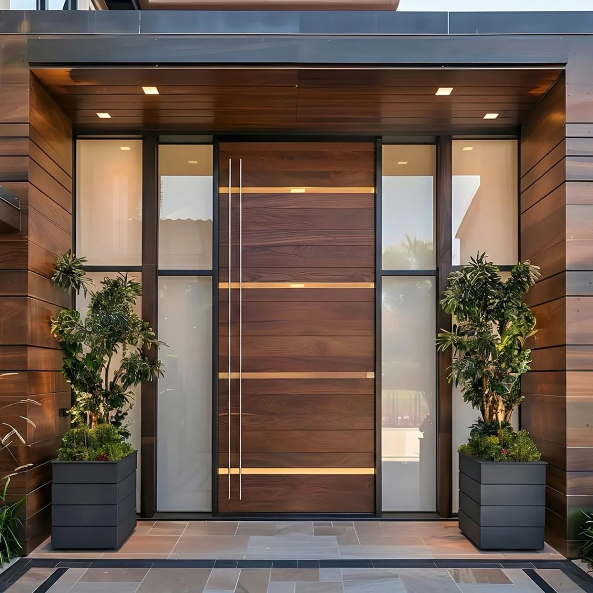 Pintu kayu lebar dengan aksen garis emas horizontal dan jendela kaca samping transparan.