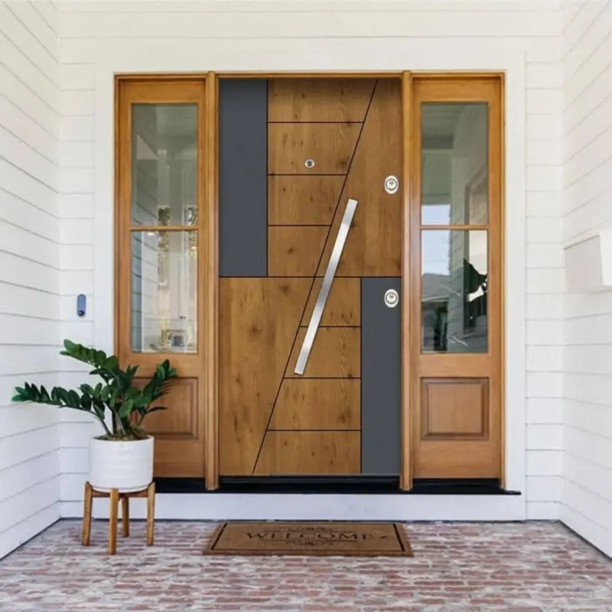 Model pintu modern kombinasi kayu dan panel abu-abu dengan garis potong diagonal asimetris.