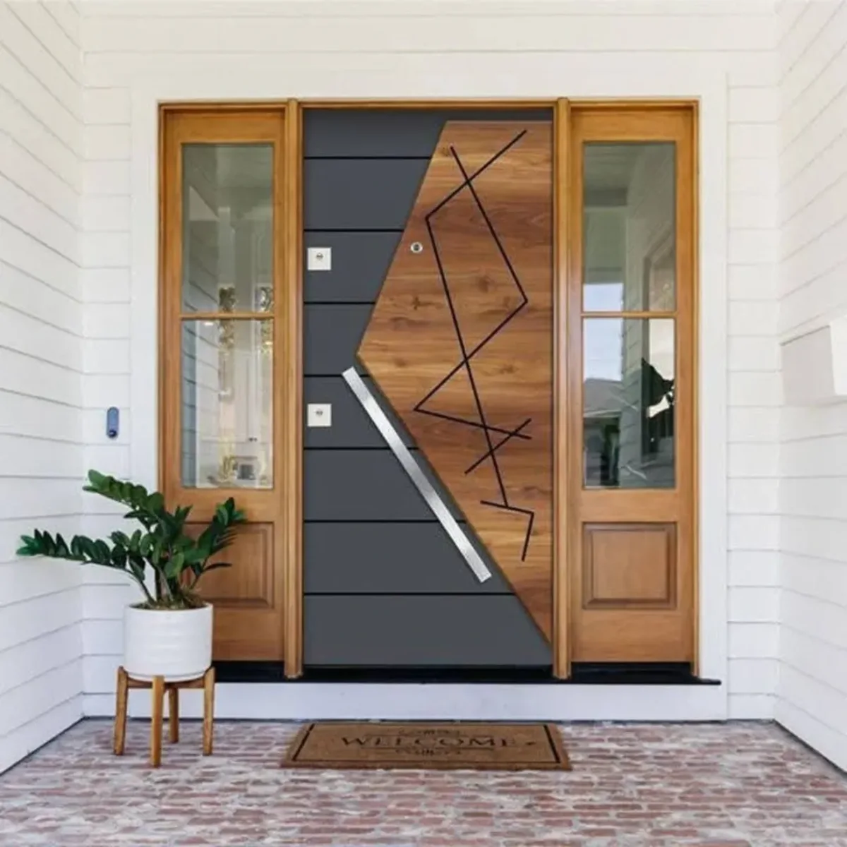 Pintu depan rumah satu pintu gaya futuristik dengan kombinasi kayu, garis hitam, dan handle pintu miring silver.