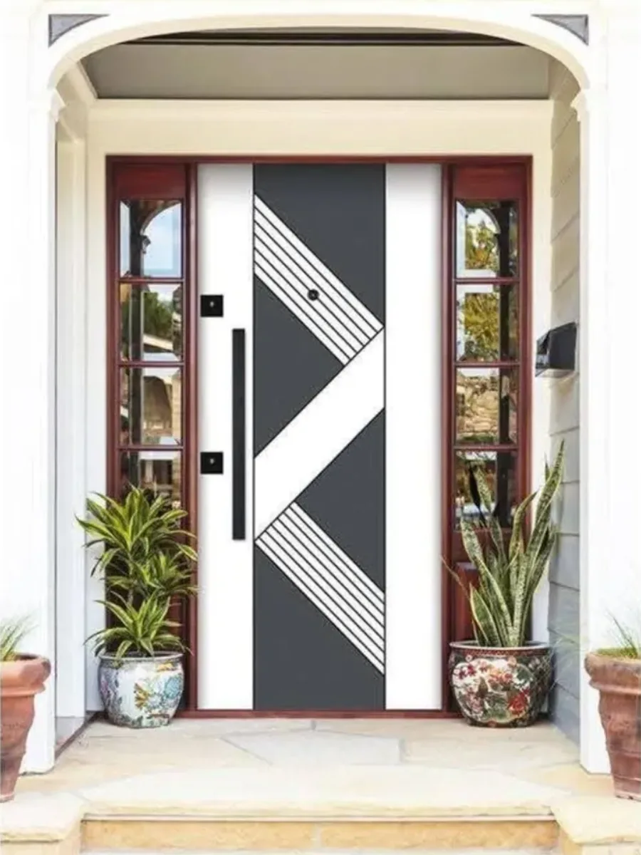 Desain pintu satu pintu modern warna putih dan abu-abu tua dengan motif garis diagonal putus-putus.