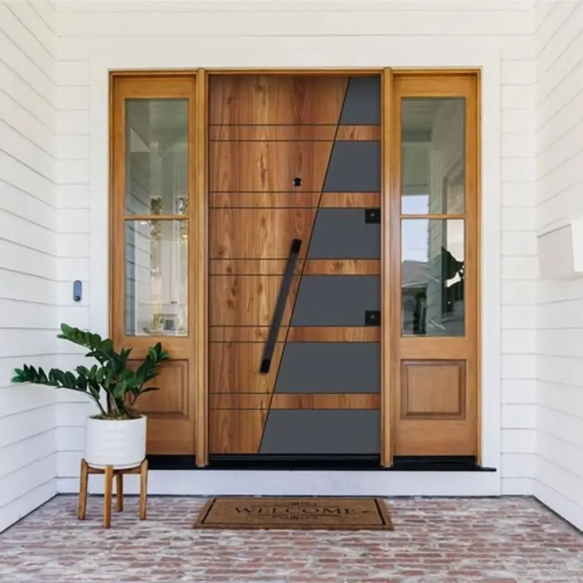 Model pintu rumah minimalis satu pintu kombinasi kayu dan warna abu-abu gelap dengan tarikan pintu vertikal panjang.