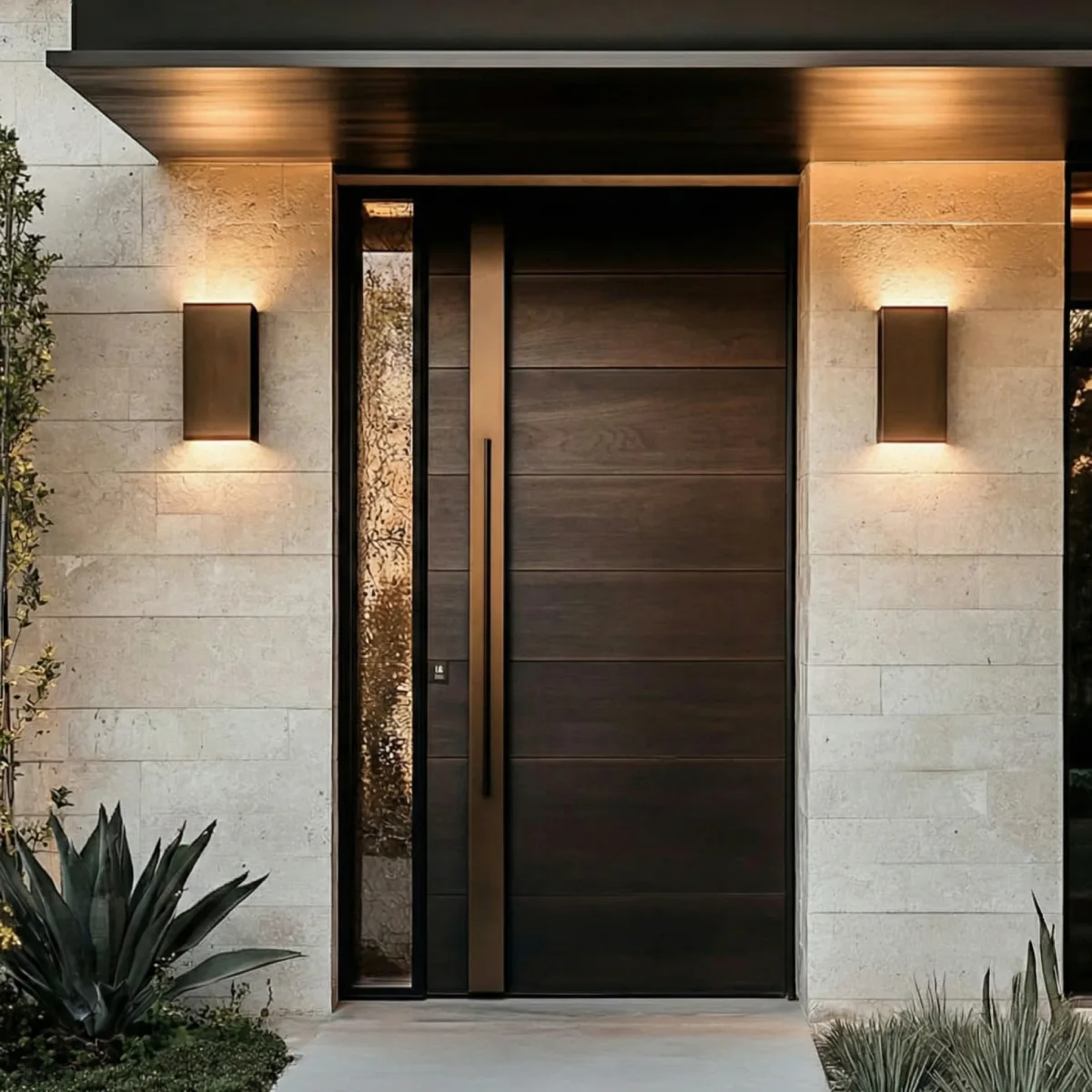 Pintu minimalis kayu gelap tekstur horizontal dengan handle panjang material tembaga.