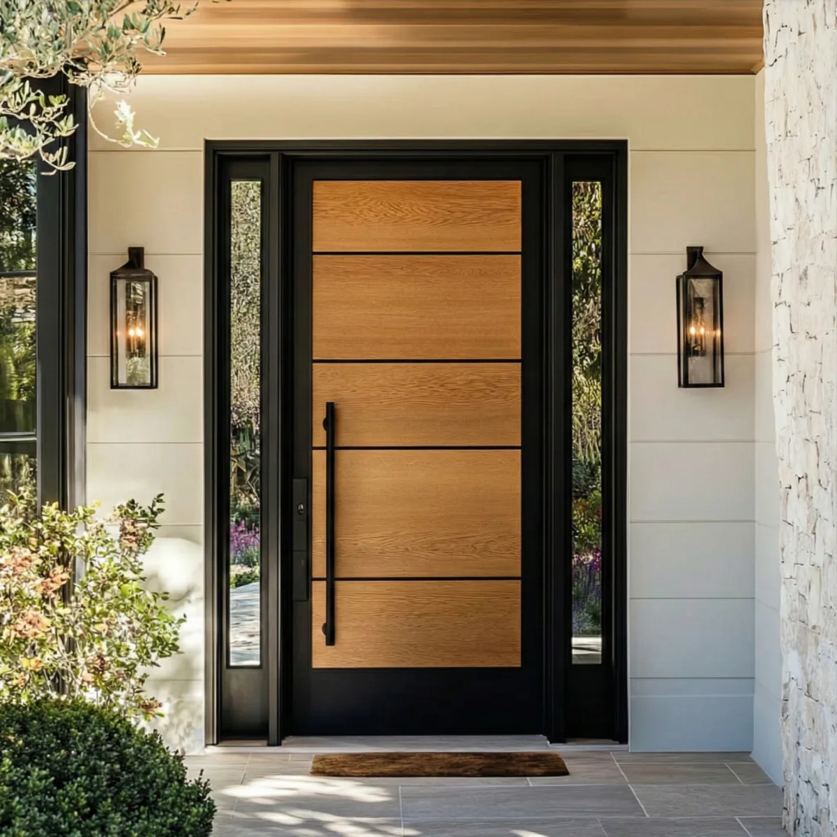 Pintu kayu warna terang oak dengan bingkai hitam tebal dan lampu dinding klasik modern.