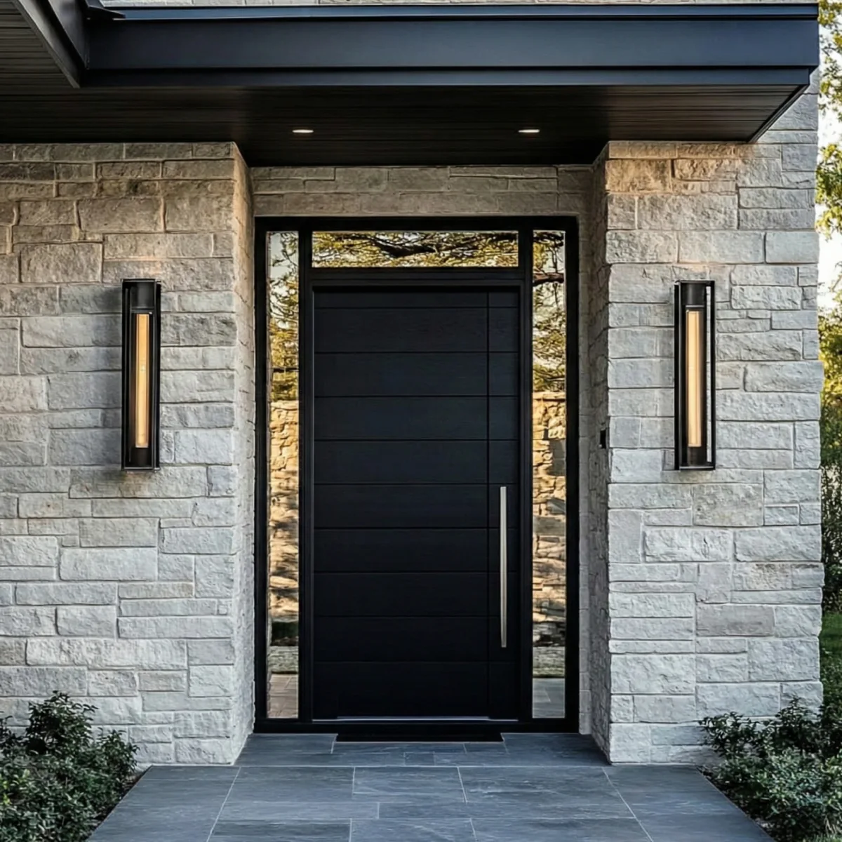 Pintu utama full hitam matte dengan tekstur garis horizontal di dinding batu alam.