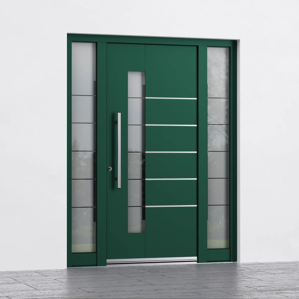 Pintu depan rumah modern warna hijau tua dengan aksen garis chrome silver.