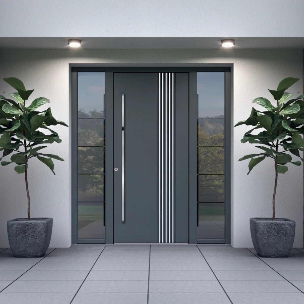 Pintu warna abu-abu kebiruan dengan tiga garis vertikal silver di tengah.