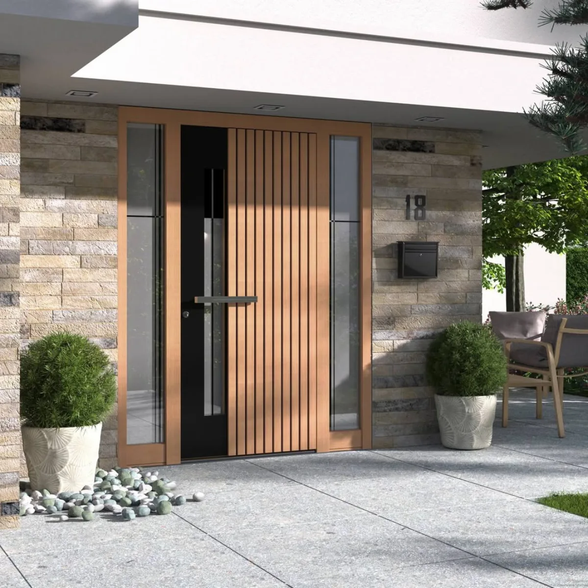 Pintu kayu desain kisi-kisi vertikal kombinasi panel hitam dan kaca.