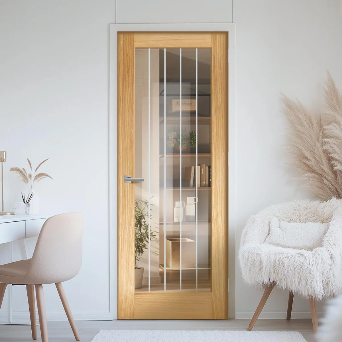 Pintu kayu teal gelap dengan panel kaca bening besar berhiaskan motif dekoratif geometris Art Deco di pinggirannya dan gagang emas, dipasang di ruangan artistik dengan lukisan abstrak.