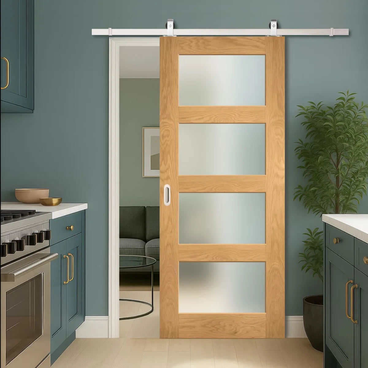 Pintu geser satu daun kayu terang dengan empat panel kaca buram horizontal dipasang pada rel gantung perak di atas, memisahkan dapur dengan kabinet teal dari ruang tamu di latar belakang