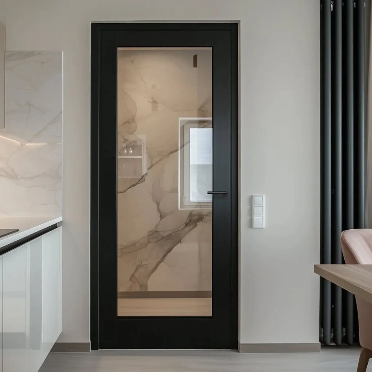 Pintu interior satu daun modern dengan bingkai hitam matte tebal dan panel kaca bening penuh, gagang pintu hitam, dipasang di dinding putih di samping kabinet dapur putih