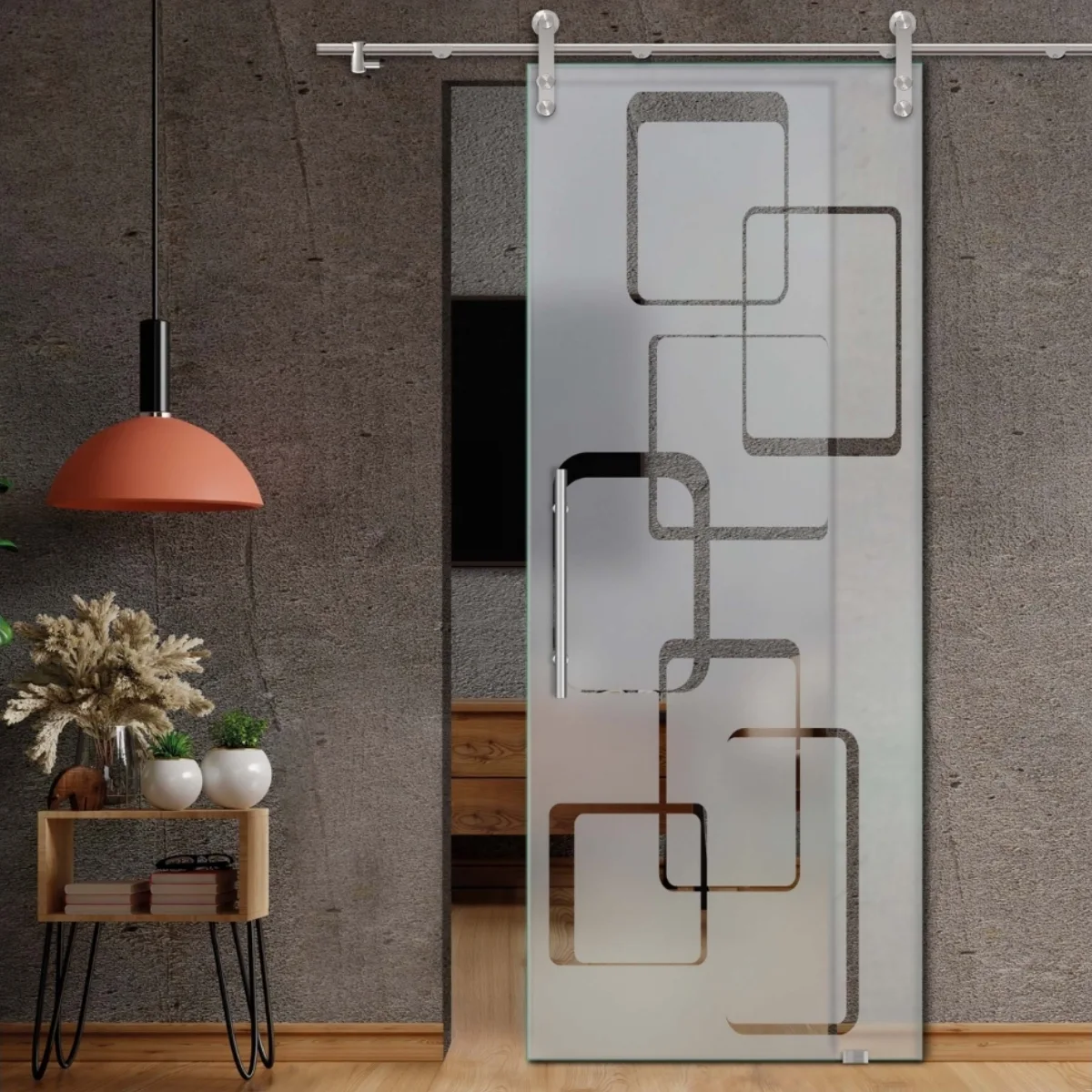 Pintu geser kaca frameless buram dengan motif kotak bersudut melengkung yang saling terhubung di ruangan industrial