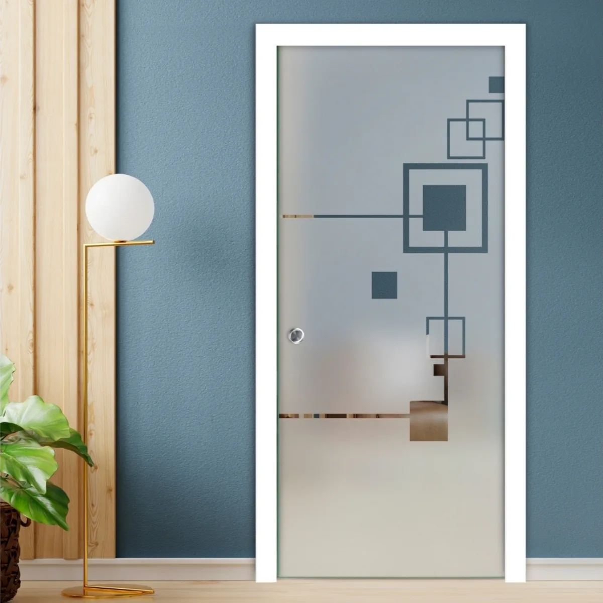 Pintu swing kaca frameless buram dengan motif geometris garis dan kotak asimetris berlatar dinding biru
