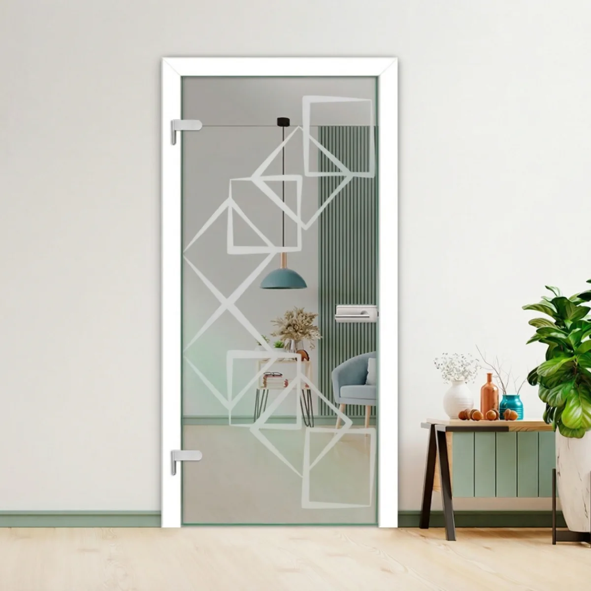 Pintu swing kaca frameless buram dengan motif tumpukan persegi bersudut di ruangan bergaya minimalis