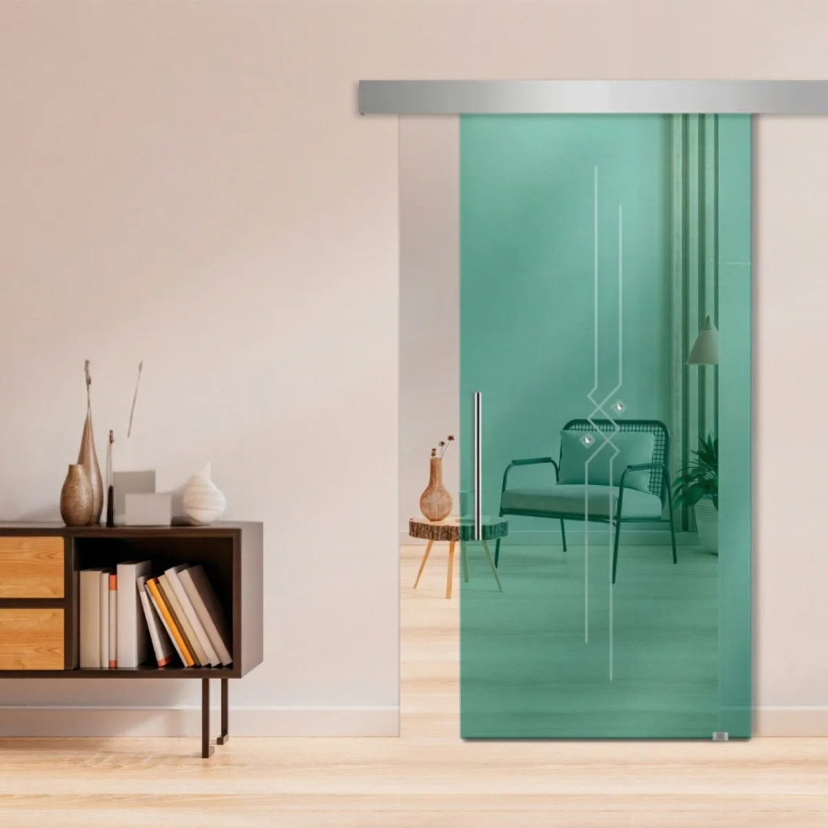 Pintu geser kaca frameless berwarna hijau teal transparan dengan aksen garis dan wajik vertikal di ruangan bernuansa hangat