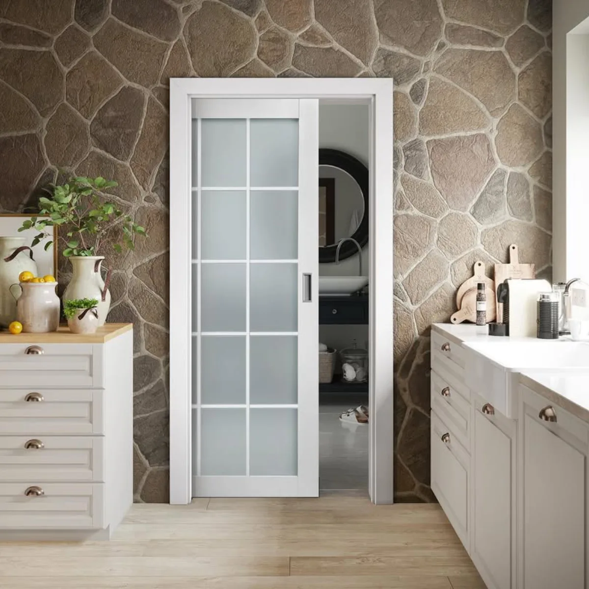 Pintu kayu putih modern dengan panel kaca buram yang dibagi secara diagonal oleh bingkai kayu, dipasang di ruang tamu dengan sofa cokelat dan karpet bermotif.