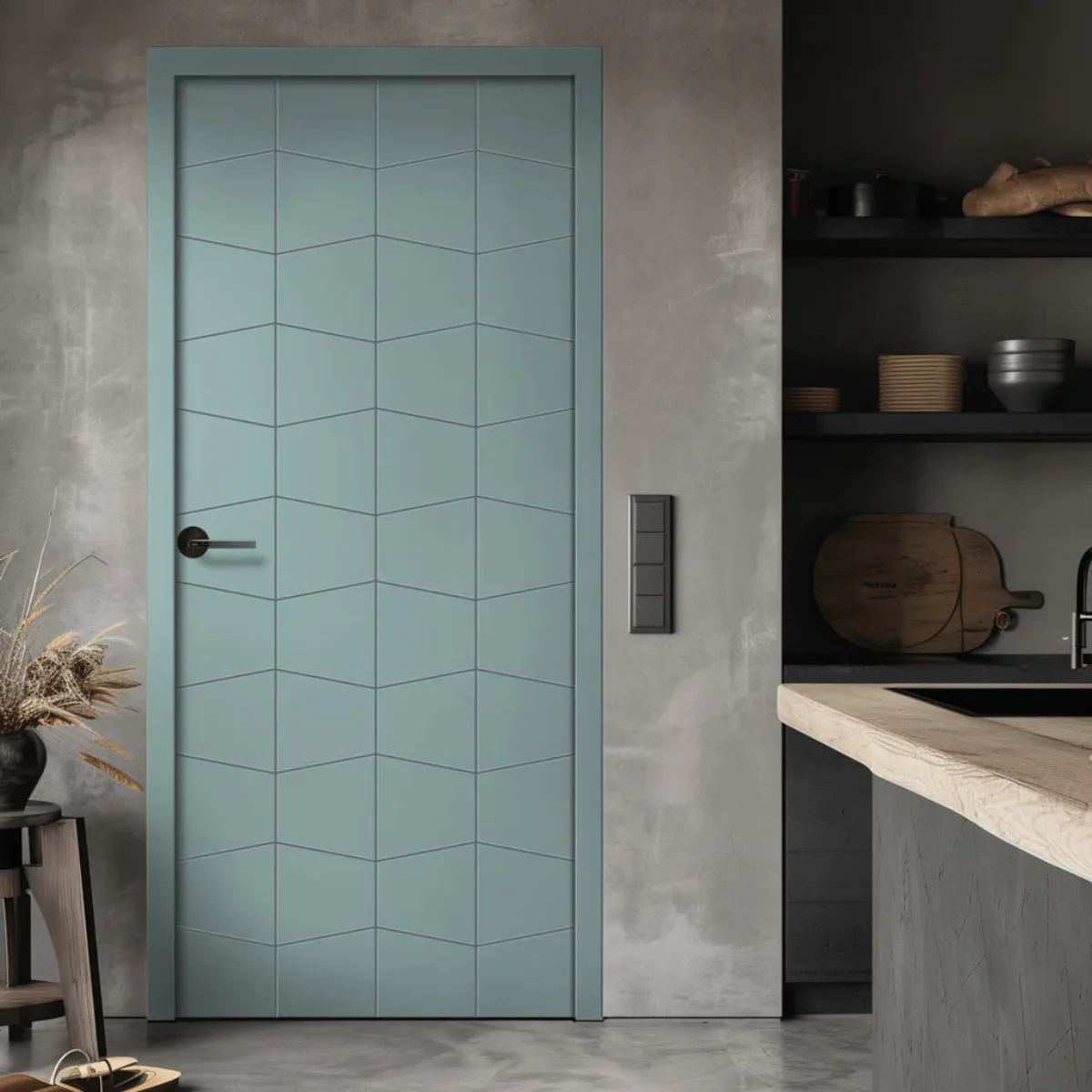 Pintu kamar minimalis warna biru pastel matte dengan motif ukiran garis geometris modern.