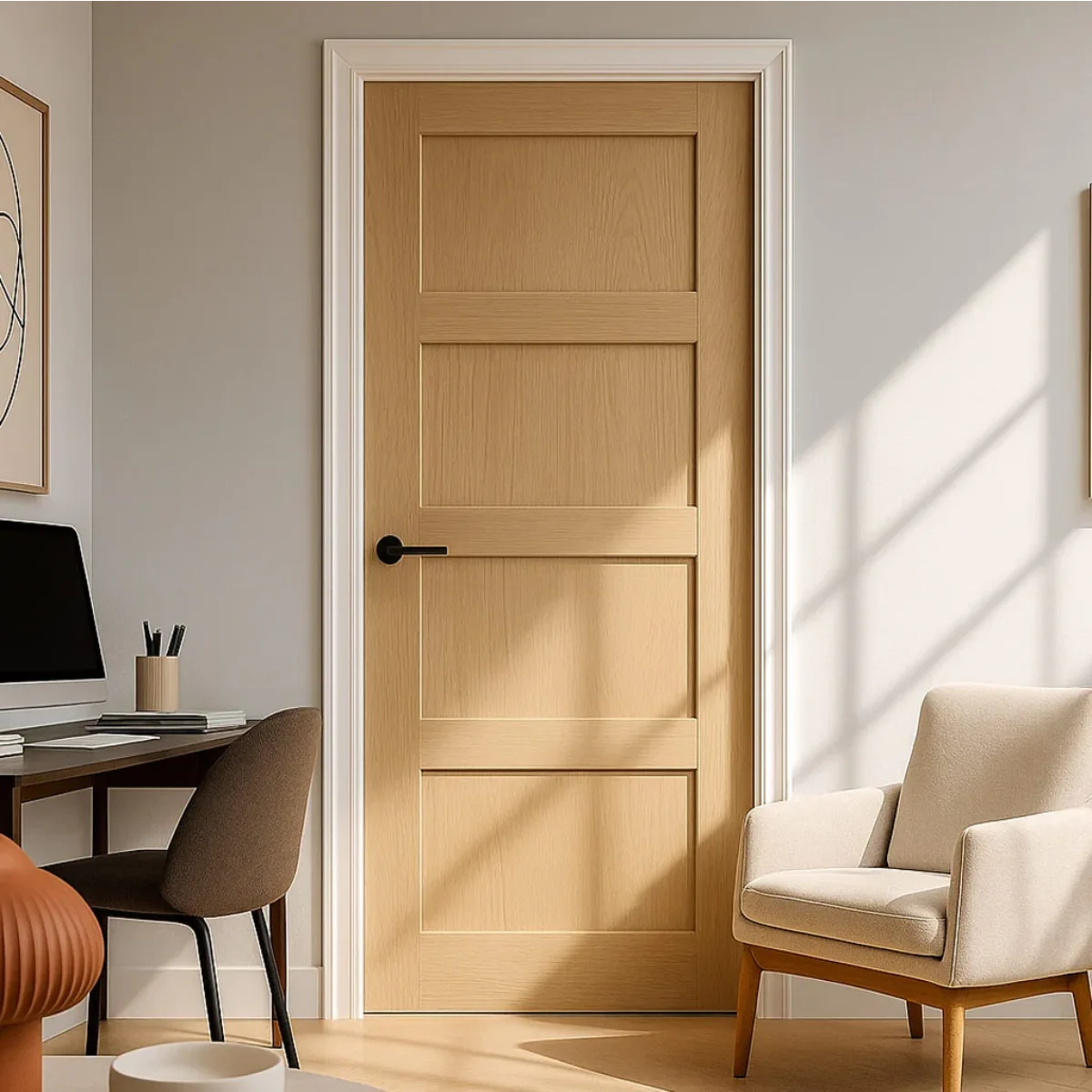 Pintu kamar kayu minimalis warna terang dengan desain empat panel kotak klasik gaya scandinavian.