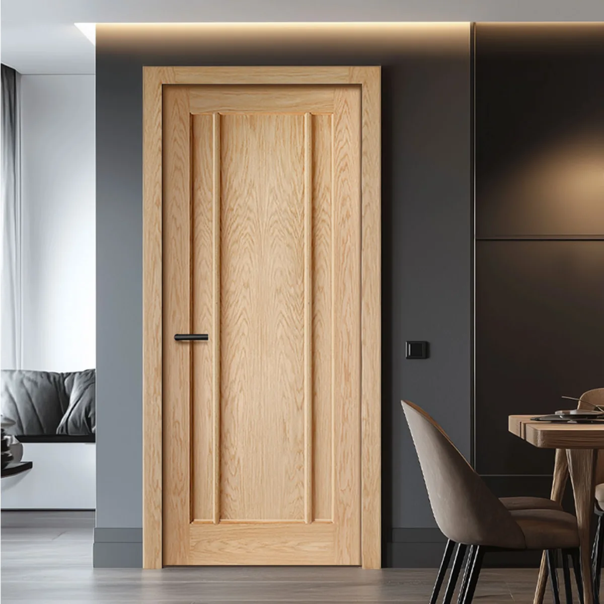 Pintu kayu minimalis modern dengan detail tekstur garis vertikal atau fluted wood di bagian tengah.