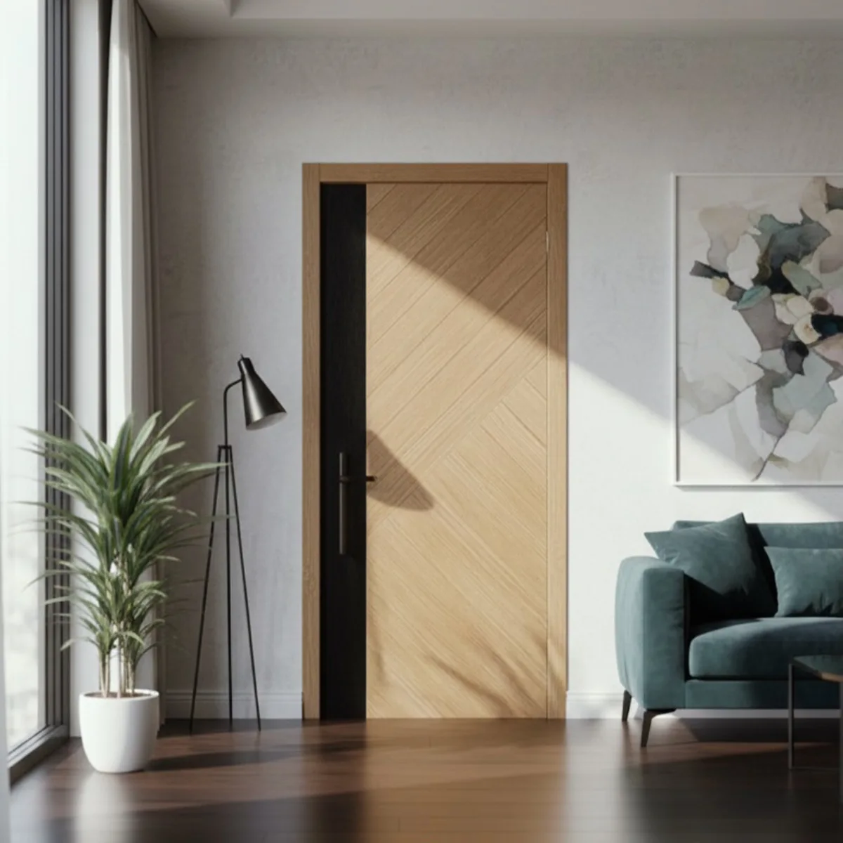 Desain pintu kamar kayu pola diagonal dengan aksen strip hitam vertikal minimalis pada sisi gagang pintu.