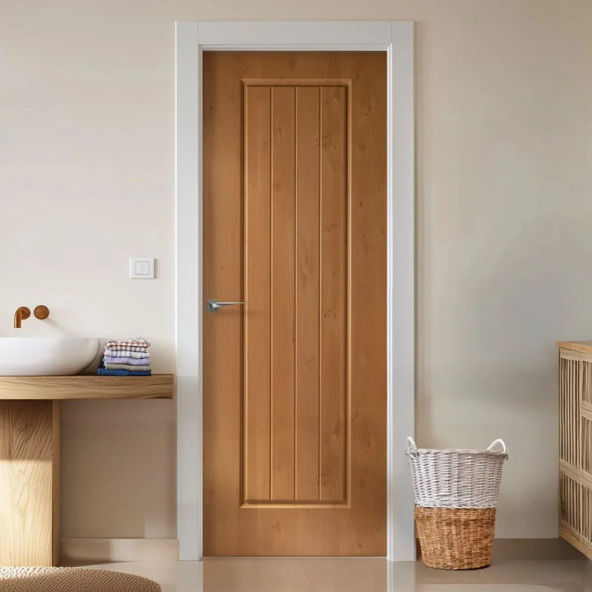 Pintu kamar tidur mewah warna kayu gelap walnut dengan pola panel geometris asimetris.