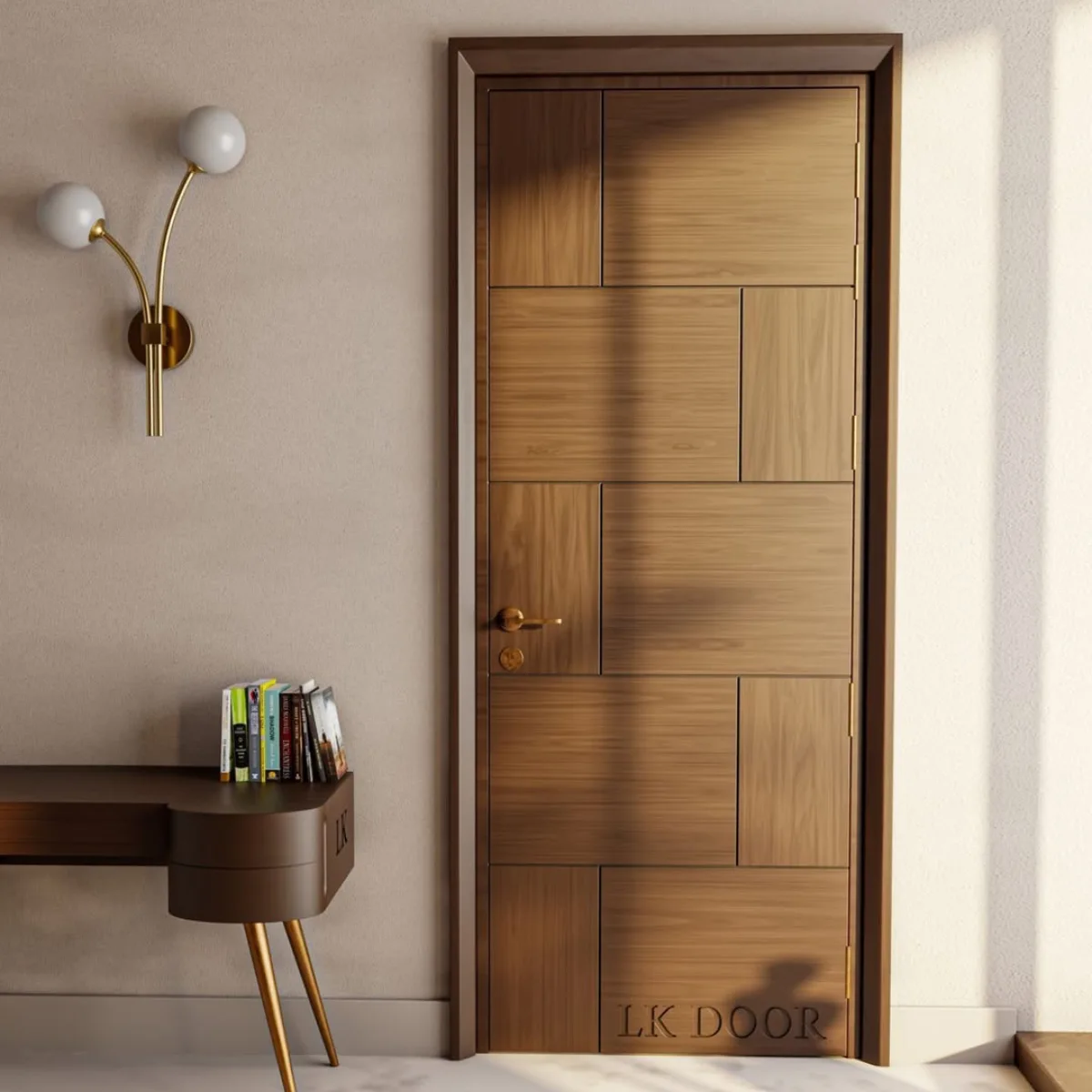 Pintu kayu solid desain papan vertikal sederhana dengan kusen putih gaya farmhouse modern.