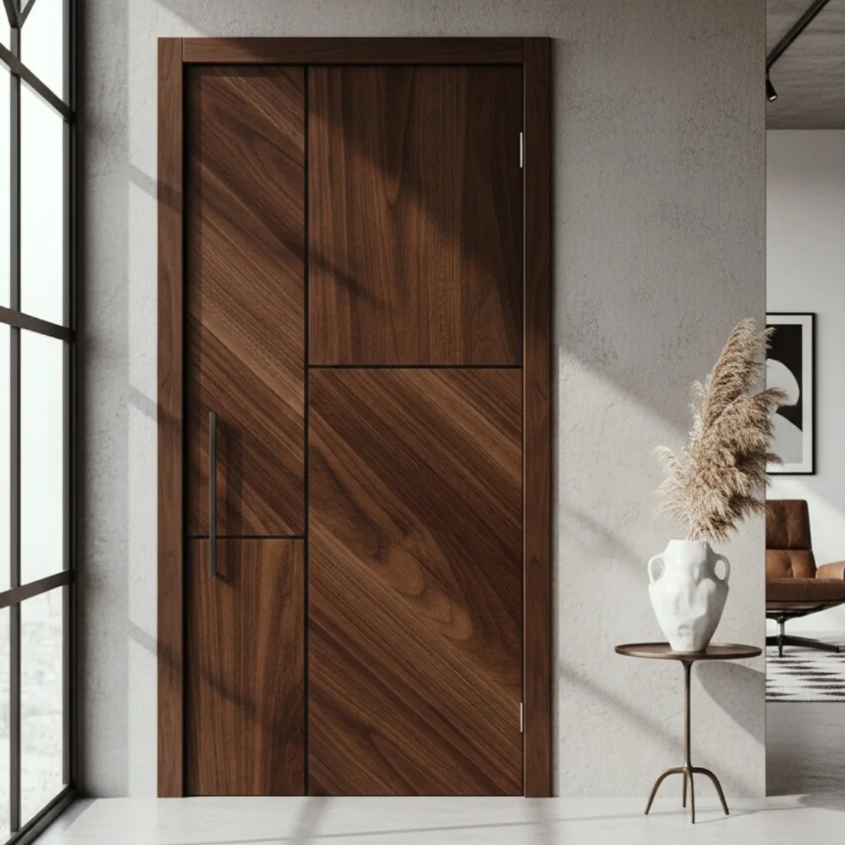 Pintu kayu warna cokelat tua dengan aksen dua garis strip perak metalik vertikal minimalis.