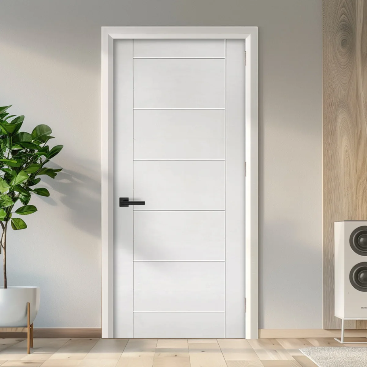 Model pintu kamar satu daun putih dengan motif garis horizontal simpel dan handle hitam.