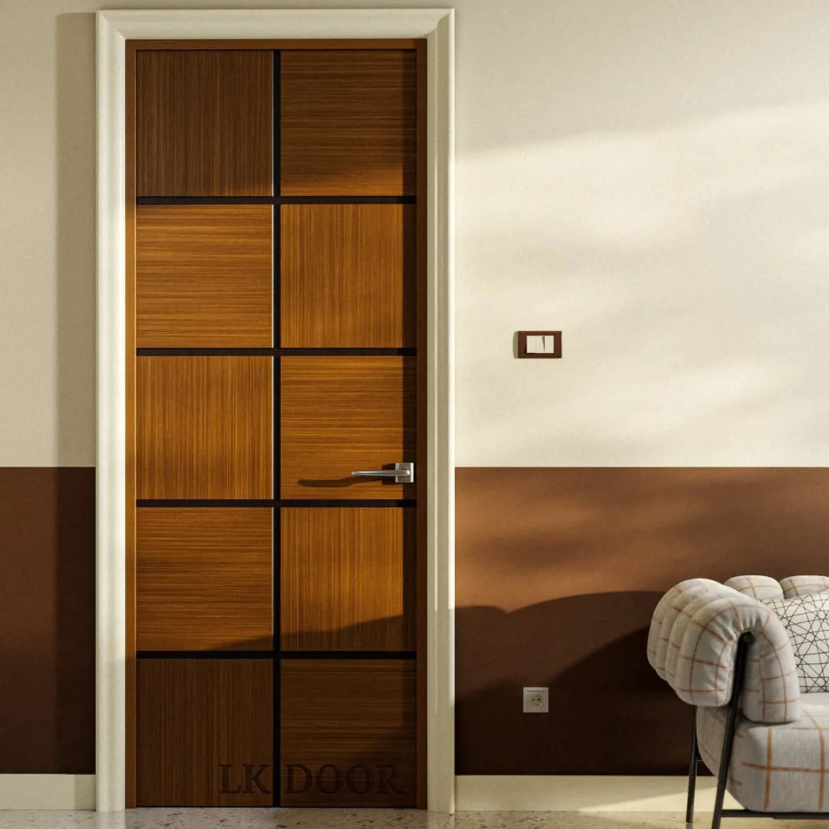 Desain pintu kamar kayu motif kotak-kotak grid simetris dengan nuansa warna hangat dan elegan.