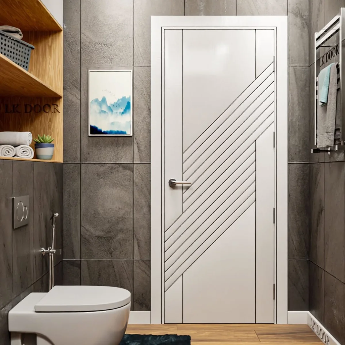 Pintu modern minimalis dengan kombinasi motif garis diagonal rapat dan vertikal.