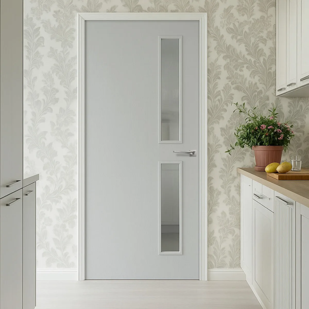 Pintu kamar minimalis abu-abu muda dengan dua panel kaca kecil vertikal di tengah.