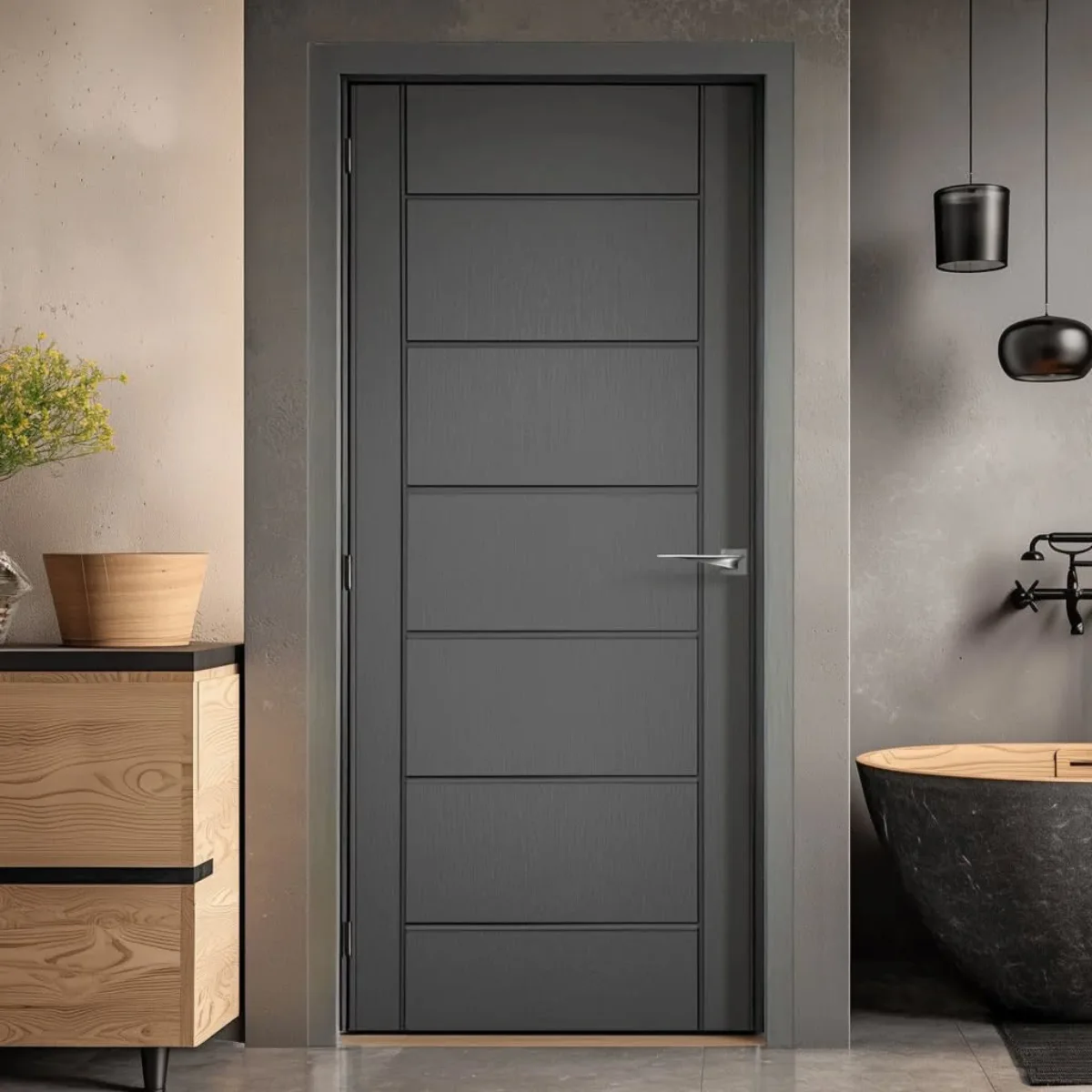 Pintu kamar minimalis modern warna abu-abu tua dengan panel garis horizontal lebar.