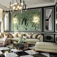 Ruang tamu berdesain mewah dengan dinding hijau tua, mural burung merak klasik, sofa beludru hijau, dan lantai kotak-kotak hitam putih