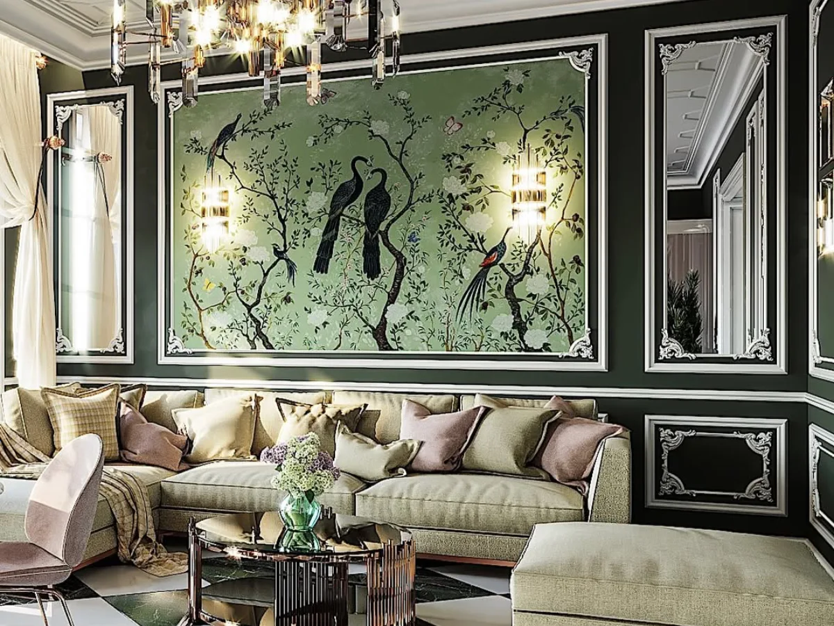 Ruang tamu berdesain mewah dengan dinding hijau tua, mural burung merak klasik, sofa beludru hijau, dan lantai kotak-kotak hitam putih