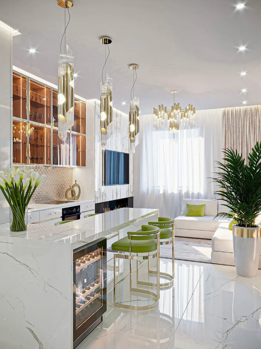 Dapur dan ruang keluarga berkonsep terbuka dengan meja pulau marmer, kursi bar hijau, pendingin wine, dan pencahayaan gantung modern