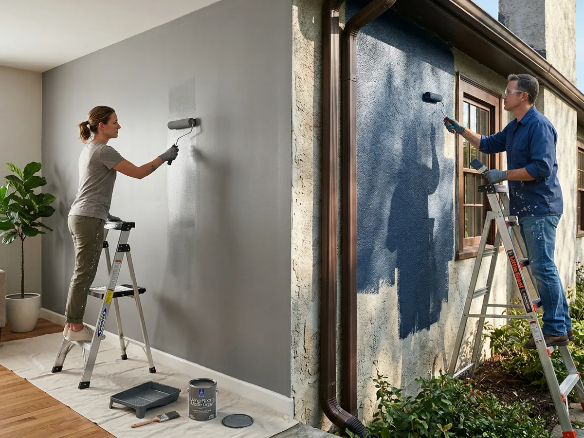 Gambar terbagi dua yang membandingkan proses pengecatan interior dan eksterior rumah. Di sisi kiri, seorang wanita berdiri di atas tangga lipat kecil sedang mengecat dinding ruang tamu yang bertekstur halus dengan warna abu-abu menggunakan rol. Di sisi kanan, seorang pria berdiri di atas tangga yang lebih tinggi sedang mengecat dinding luar rumah yang bertekstur kasar dengan warna biru tua di bawah terik matahari, dikelilingi oleh taman.