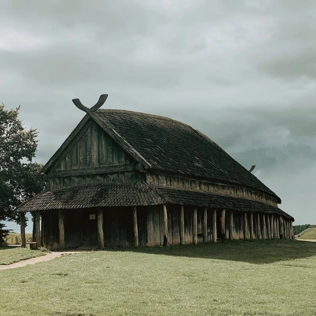 Sebuah foto dari luar Longhouse Viking yang panjang, terbuat dari kayu yang sudah tua dan gelap, dengan atap genteng kayu yang melengkung dan dekorasi tanduk kayu di puncaknya. Rumah ini berdiri di padang rumput hijau di bawah langit mendung.