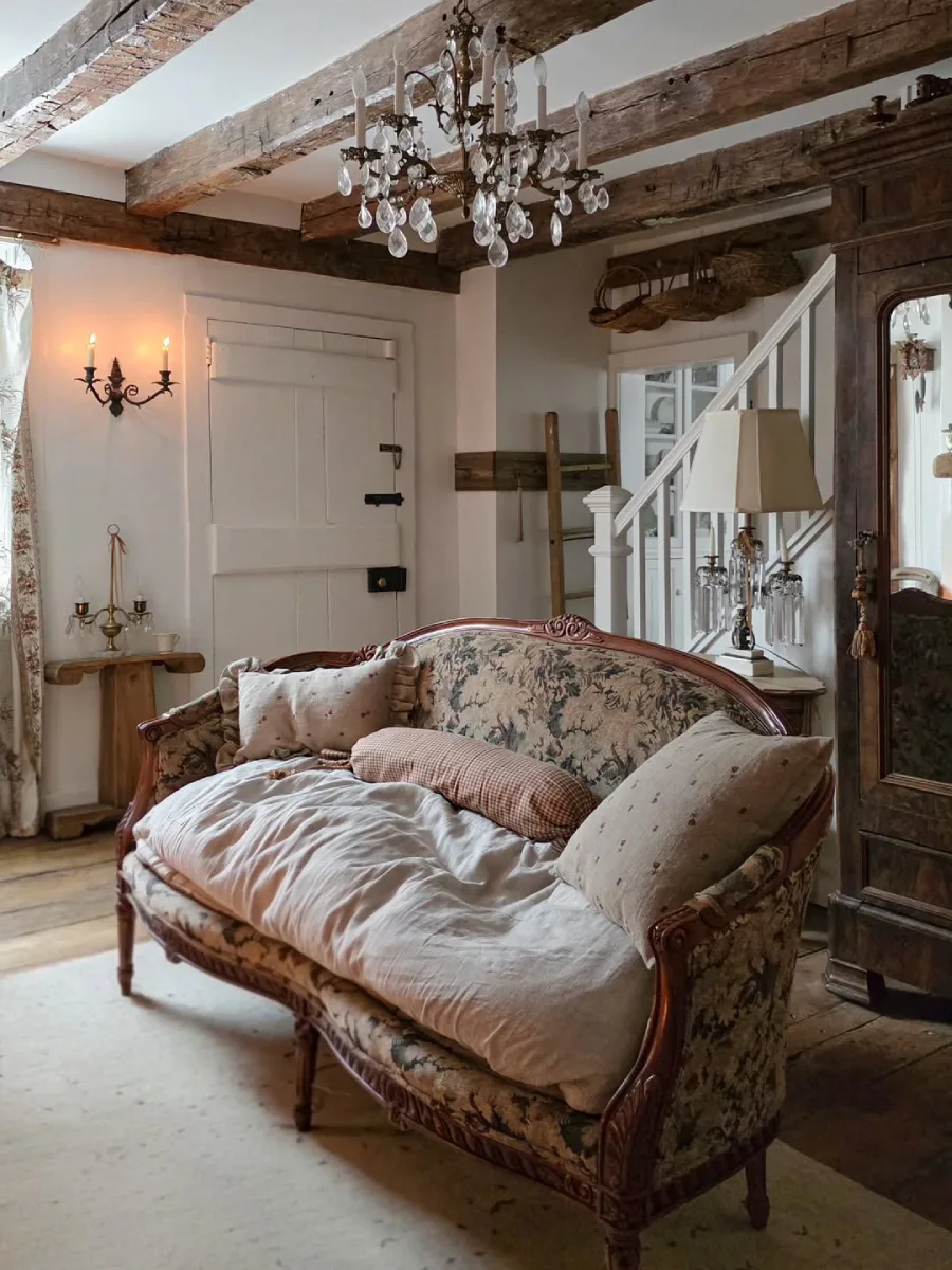 Ruang keluarga berkesan antik dengan sofa ukir kayu berlapis kain motif bunga bantal linen lampu gantung kristal mewah dan balok langit-langit kayu terekspos