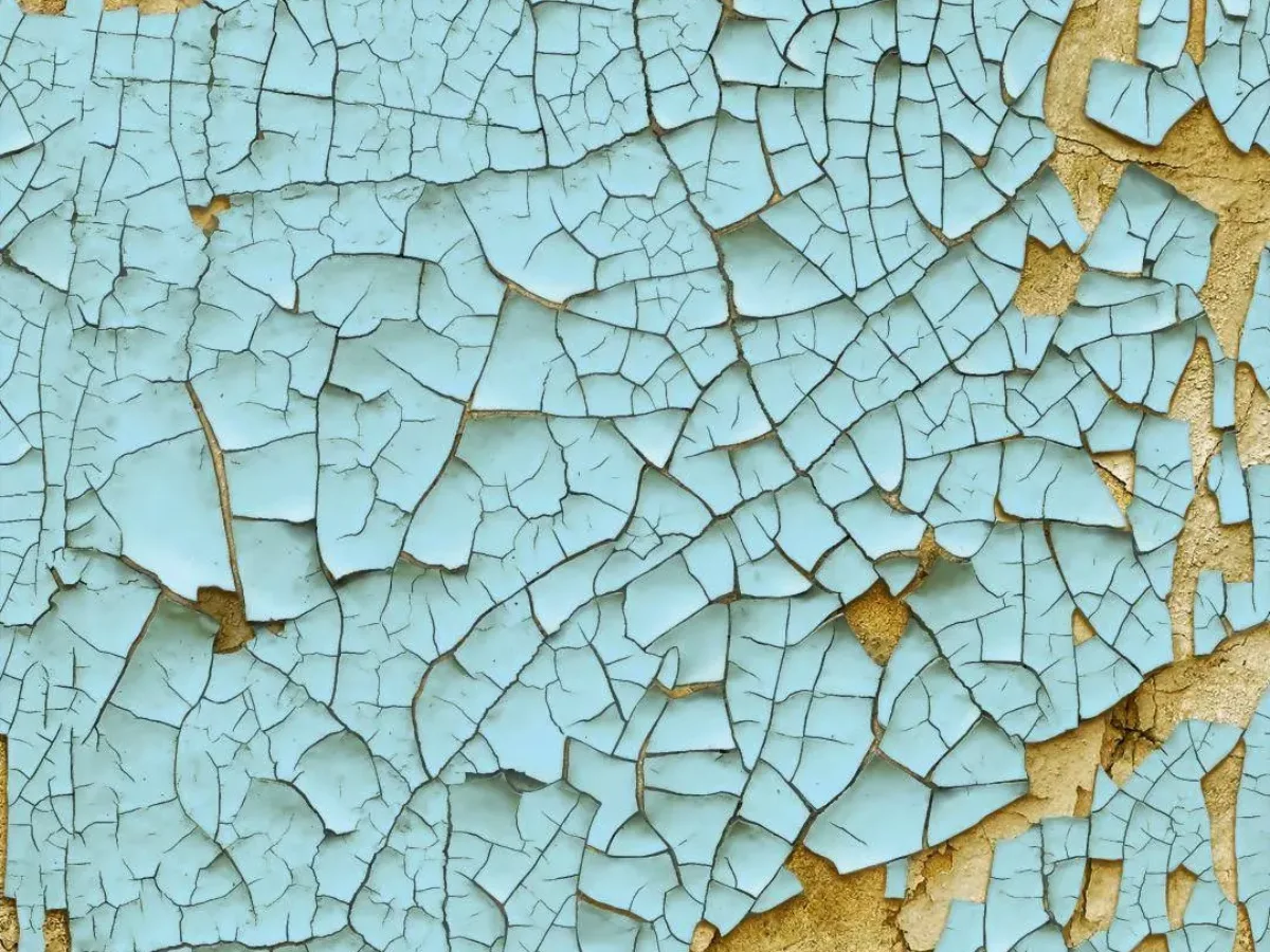 Close up cat dinding berwarna biru yang mengelupas dan retak memperlihatkan permukaan di bawahnya