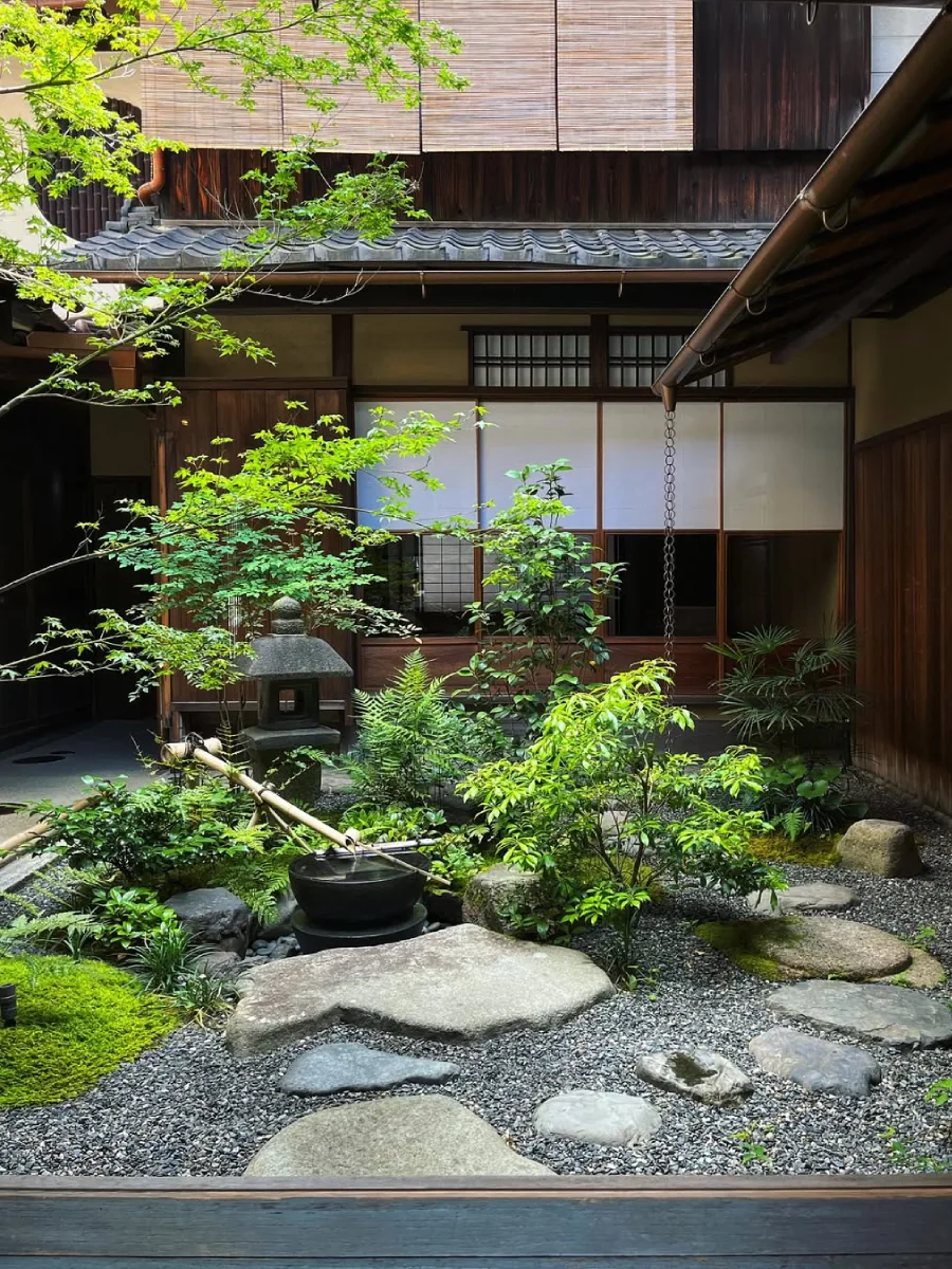 Courtyard kecil bergaya Jepang dengan batu dekoratif dan tanaman hijau sederhana.