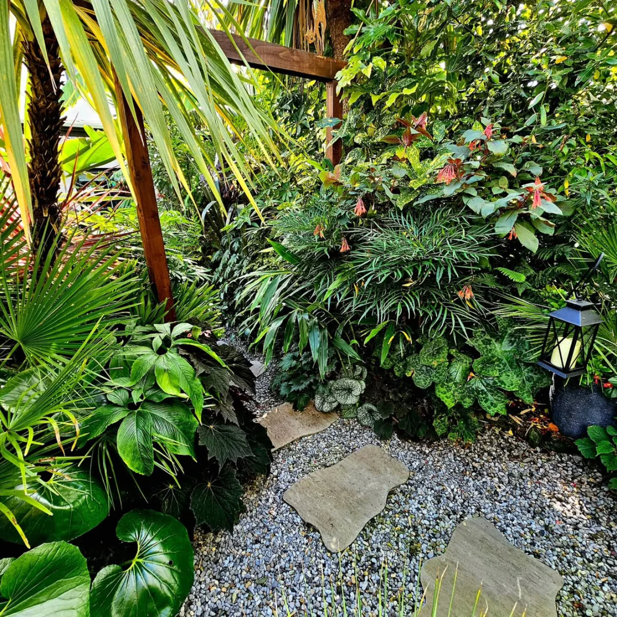 Jalan setapak batu alam lempengan yang meliuk di antara tanaman berdaun lebar dan pakis, dilengkapi lentera hitam gantung pada pergola kayu.