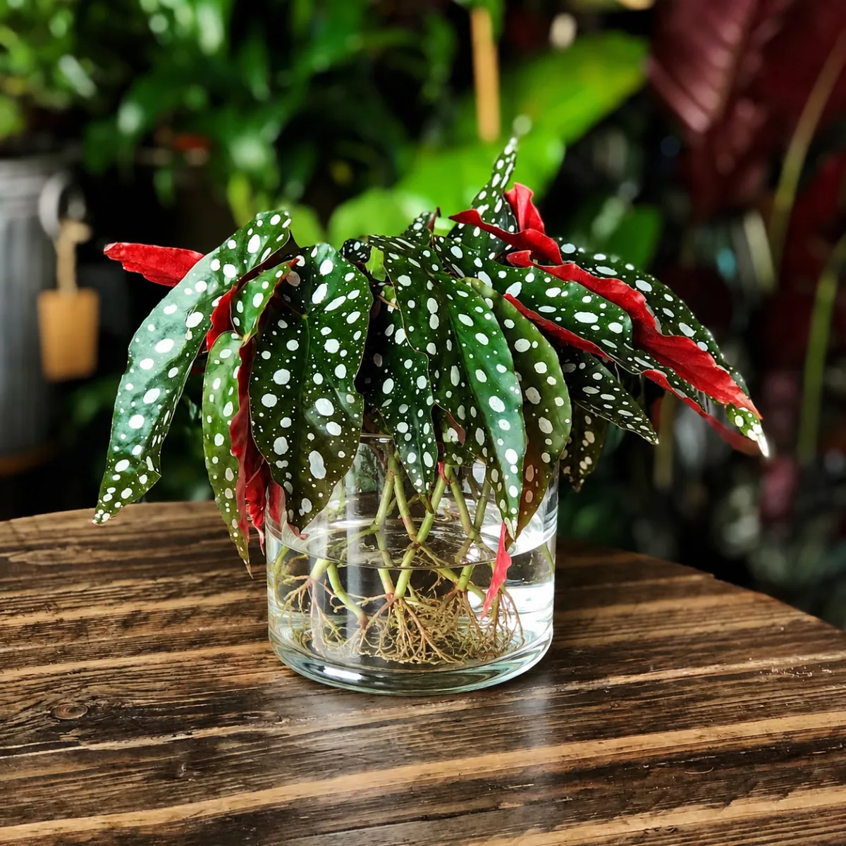 Tanaman Begonia maculata yang memiliki daun hijau berbintik putih dan bagian bawah daun berwarna merah, ditanam di dalam vas kaca pendek berisi air dengan akar yang terlihat jelas di atas meja kayu.