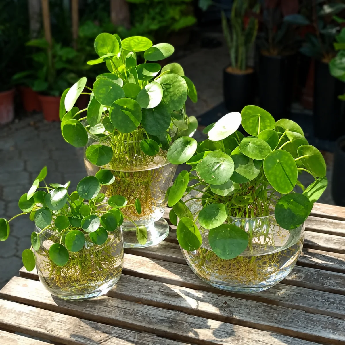 Tiga buah tanaman Pilea peperomioides berdaun bulat hijau tumbuh di dalam tiga vas kaca bening dengan ukuran berbeda berisi air, memperlihatkan akar yang lebat, diletakkan di atas meja kayu bergaris di luar ruangan.